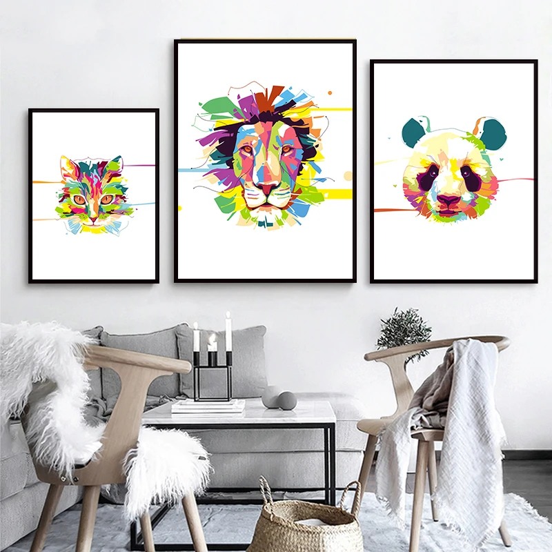 

Watercolor Abstract Painting Cartoon Animals Panda Lion Head Poster Art Modern Nordic Prints Pop Canvas Wall Pictures Home Decor