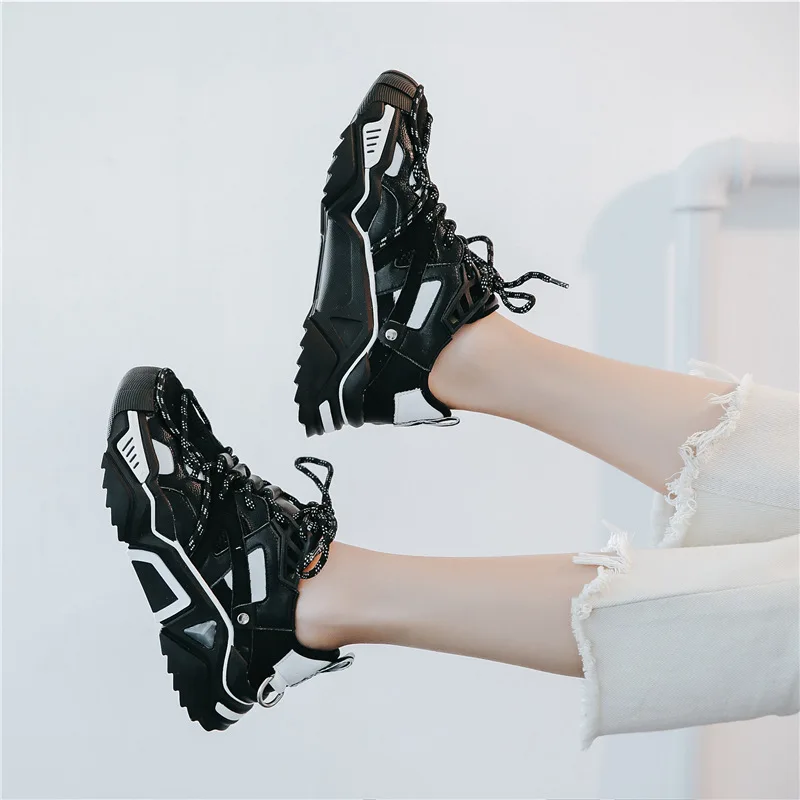 LMCAVASUN Brand Women's Platform Sneakers Leather Mesh Women Chunky Sneaker Fashion Thick Sole Woman Dad Shoes Ladies Flat