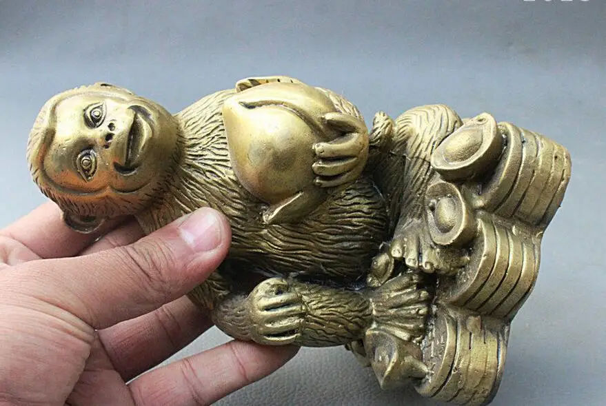 

6" Chinese Feng shui Brass Peach Zodiac Year Monkey On Wealth Coin Yuanbao Statue