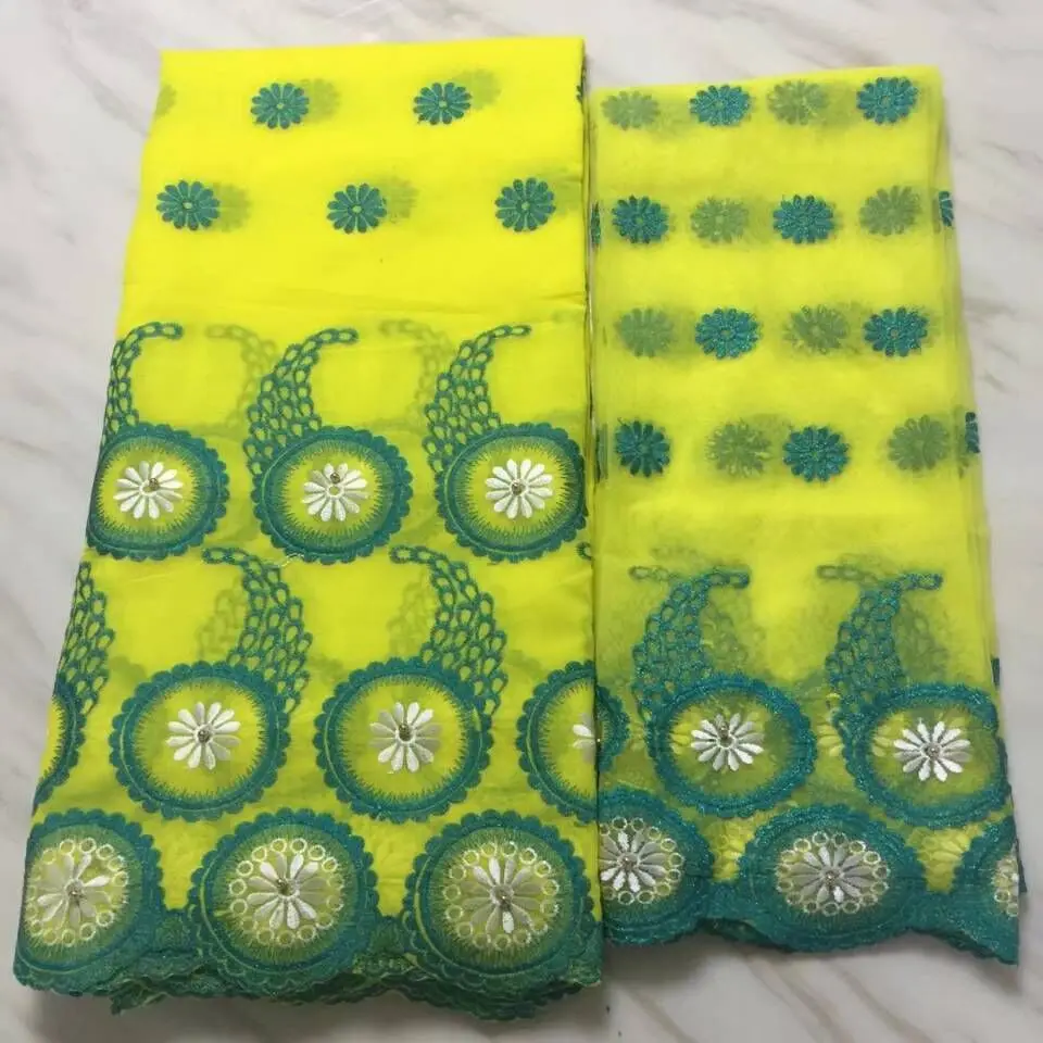 

5Yards/pc Beautiful yellow african cotton fabric with green embroidery and 2yards french net lace set for dress BC19-7