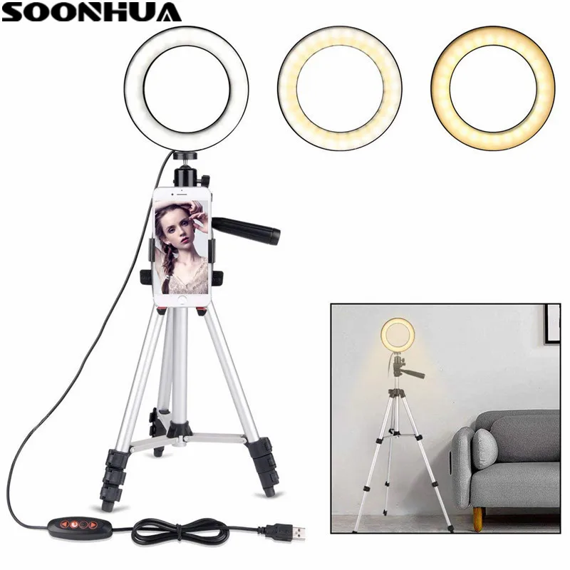 

SOONHUA Dimmable LED Studio Camera Ring Light Video Live Photo Light With Phone Holder Tripods Selfie Stick Ring Fill Light