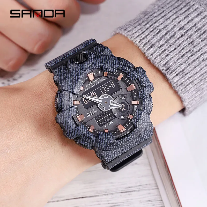 

2019 SANDA New Men Watch Multi-functional Denim Pattern Sports Watch Tideway For Swimmers Only Luminous Effect Water-proof Watch