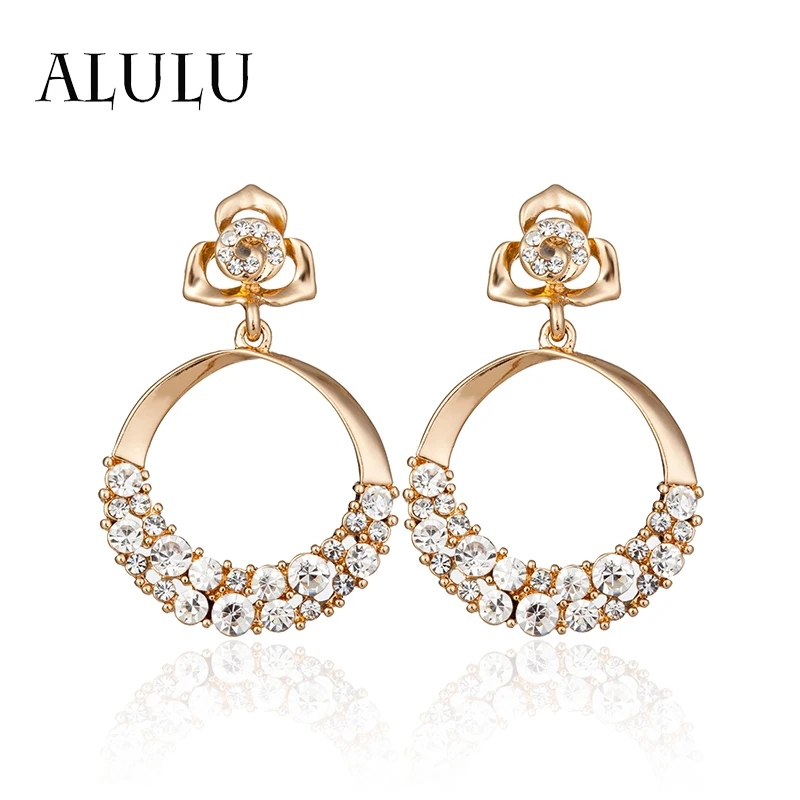 

Fashion Flower Female Long Earrings Rhinestone Round Drop Earrings Jewelry For Women Plating Rose Gold / Silver Earrings brincos