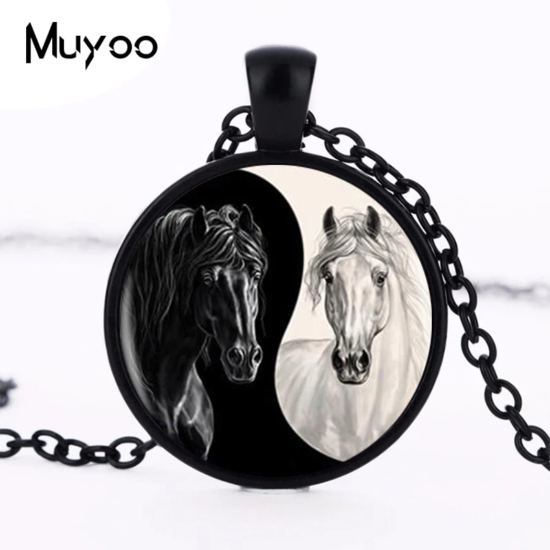1pcs/lot Yin Yang Horse 2Styles Round Pendant Necklace Long Chian Statement Handmade Necklace For Women HZ1