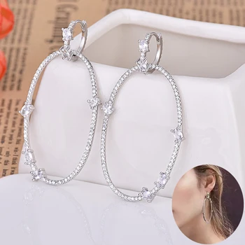 

LXOEN 2019 Fashion Luxury Round Big Hoops for Women with Silver Color Zirconia Wedding Hoop Earrings for Party Jewelry