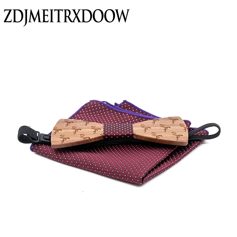  Wooden Bow Tie Set for Mens Wood Bowties Handkerchief Cufflinks helloween Set Gravatas Wedding flam