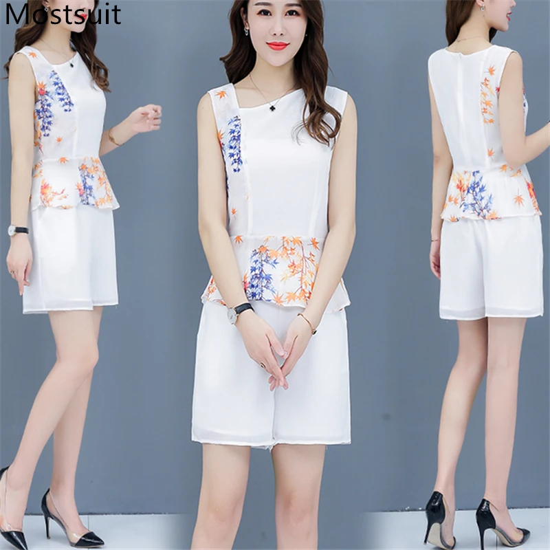 

Summer 2 Pcs Set Women Two Piece Outfits Sets Fashion Elegant White Black Green Plus Size Print Tunic Tops And Shorts Suit
