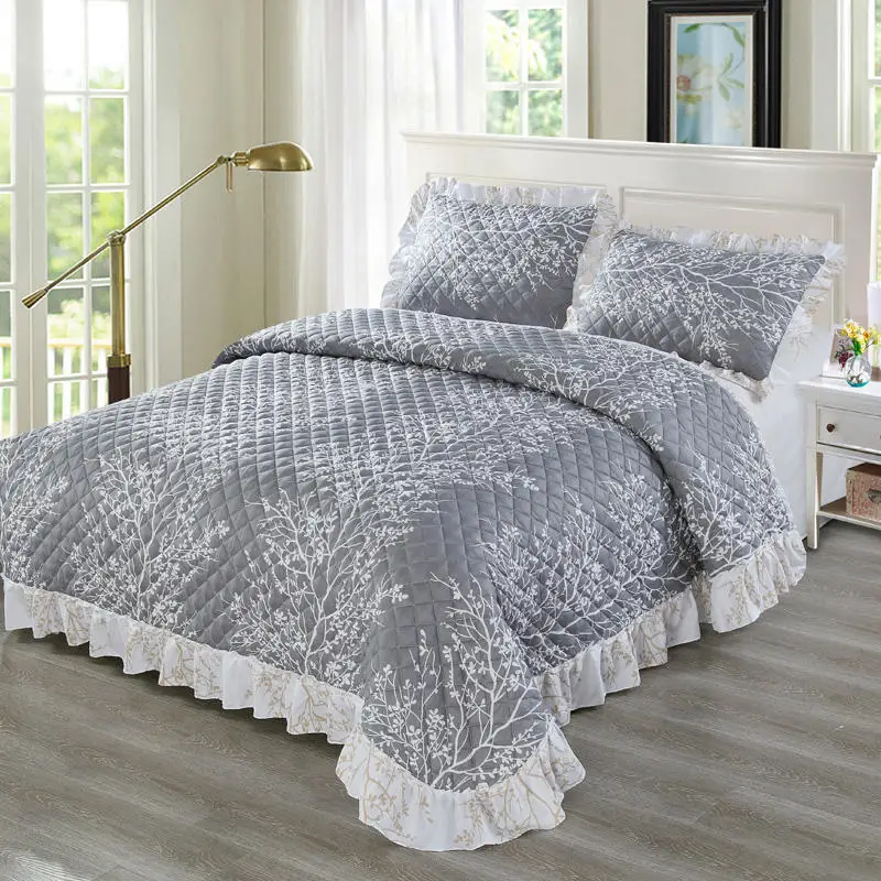 

Luxury Bed cover Bedspread Quilt Bed spread set 3Pcs Bedding set Gray Blue Mattress Cover Pillowcases couette couvre lit