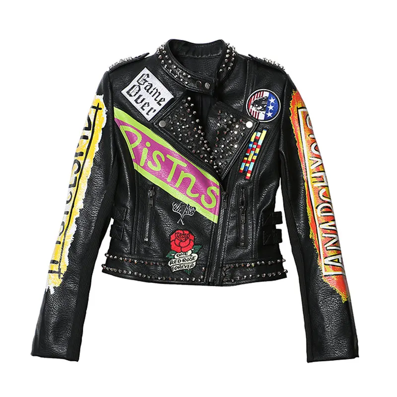 2016 New Street Style Rivet Short Leather Jacket Women