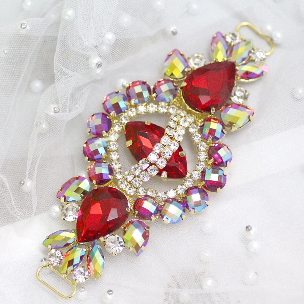 

Colorful Rhinestone applique with conncetor Buckle Gold silver base Sew on Rhinestone belt for bikini Dress wedding decoration