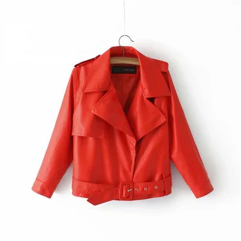 

Autumn Spring Black Short Leather Jacket Europe Casual PU Jacket Harajuku Coat Female Turn-down Collar Black Red Basic Coat