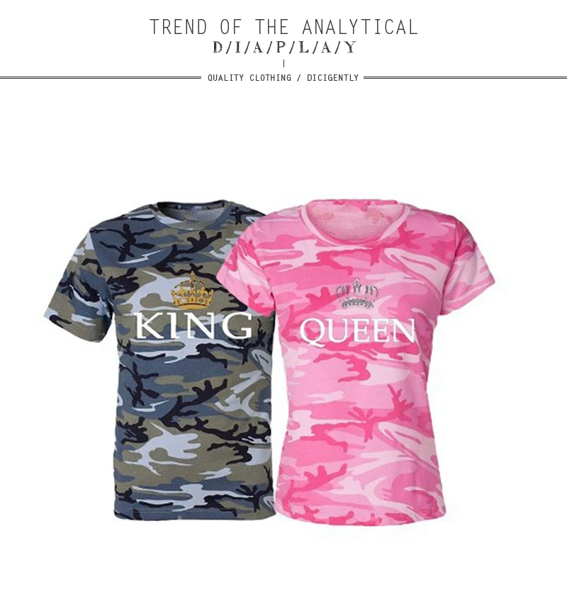 Женская камуфляжная Футболка с принтом KING QUEEN, парная футболка для влюбленных, Мужская футболка, женские топы, одежда для пар, летние топы