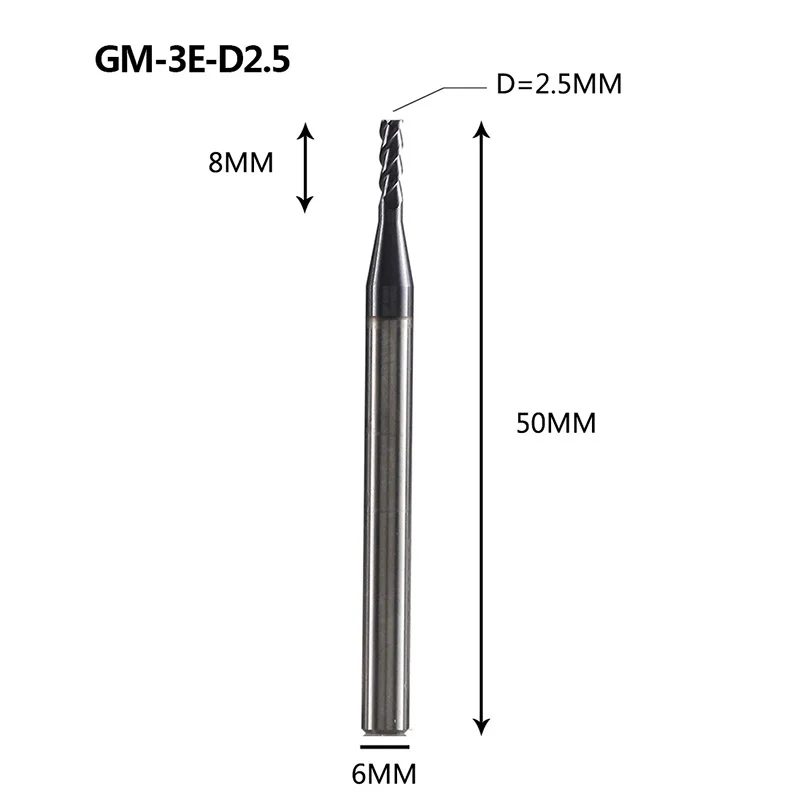 GM-3E Вольфрамовая сталь 3 Флейта с квадратной головкой с покрытием Концевая мельница с ЧПУ Фрезерный резак режущие инструменты для обработки металла приплюснутый фрезерный станок - Длина режущей кромки: GM-3E-D2.5