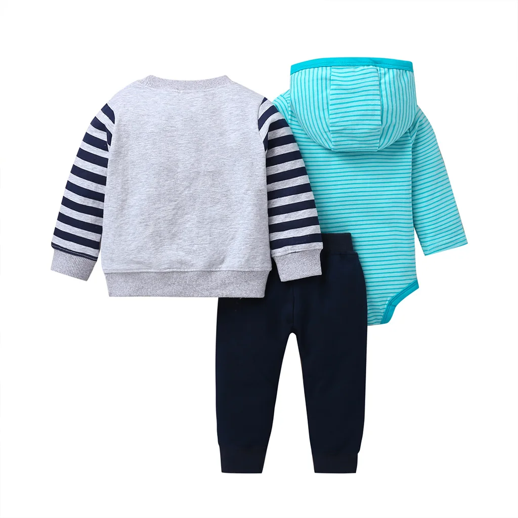 Комплект для маленьких мальчиков, г., осенняя одежда с длинными рукавами свитер с рисунком монстра+ боди с капюшоном в полоску+ штаны, комплект из 3 предметов, Одежда для новорожденных