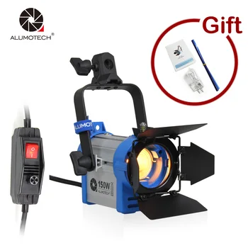 

ALUMOTECH Dimmable 150W Fresnel Tungsten Spotlight Lighting for Photographic equipment+Bulb+Barndor camera Free Shipping