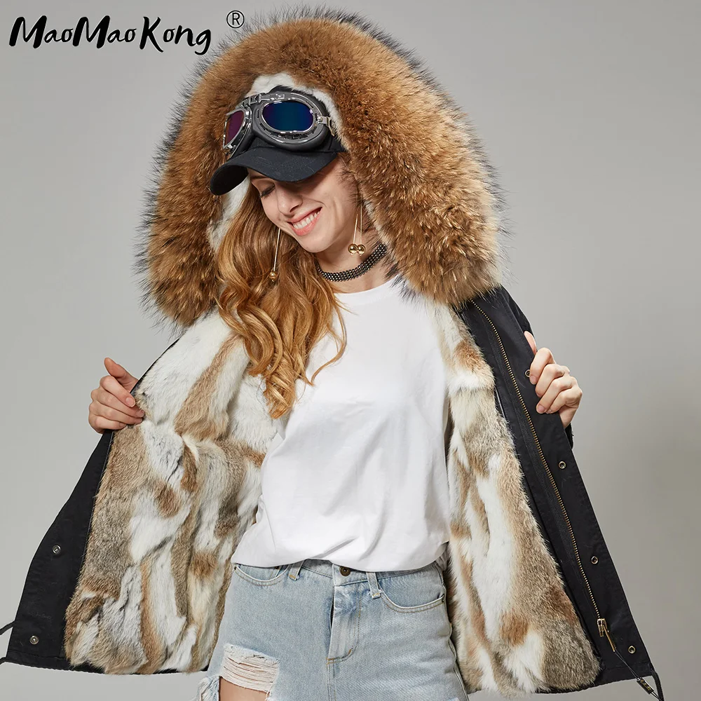 Maomaokong Черный Лисий меховой воротник зимнее пальто Женская куртка натуральный мех кролик подкладка куртка пальто