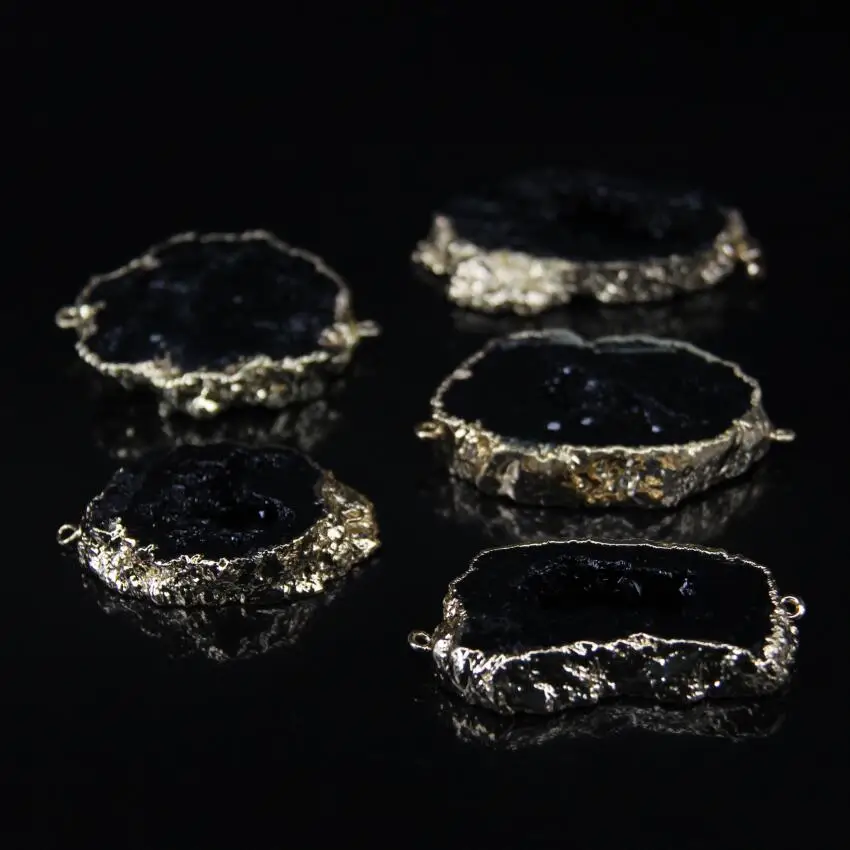 

5pcs/lot,Black Quartz geode Freeform Slab Connector,Rough Raw agates slice Gold Edges Copper Pendant DIY Necklaces crafts
