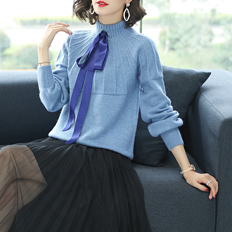 ^Cheap XL 4 Colors Brand Sweater Fall Winter Women Sweater New Hit Color Lace Up knit Sweater Loose Wild Short Sweater Pullover Women