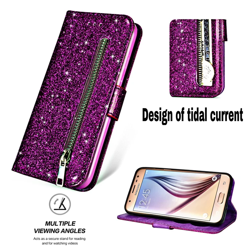 

PU Leather Glitter Case For Samsung Galaxy J3 J4 J6 J7 2017 US A5 A6 plus 2018 EU Wallet Flip Zipper Card Slot Cover Coque Mujer