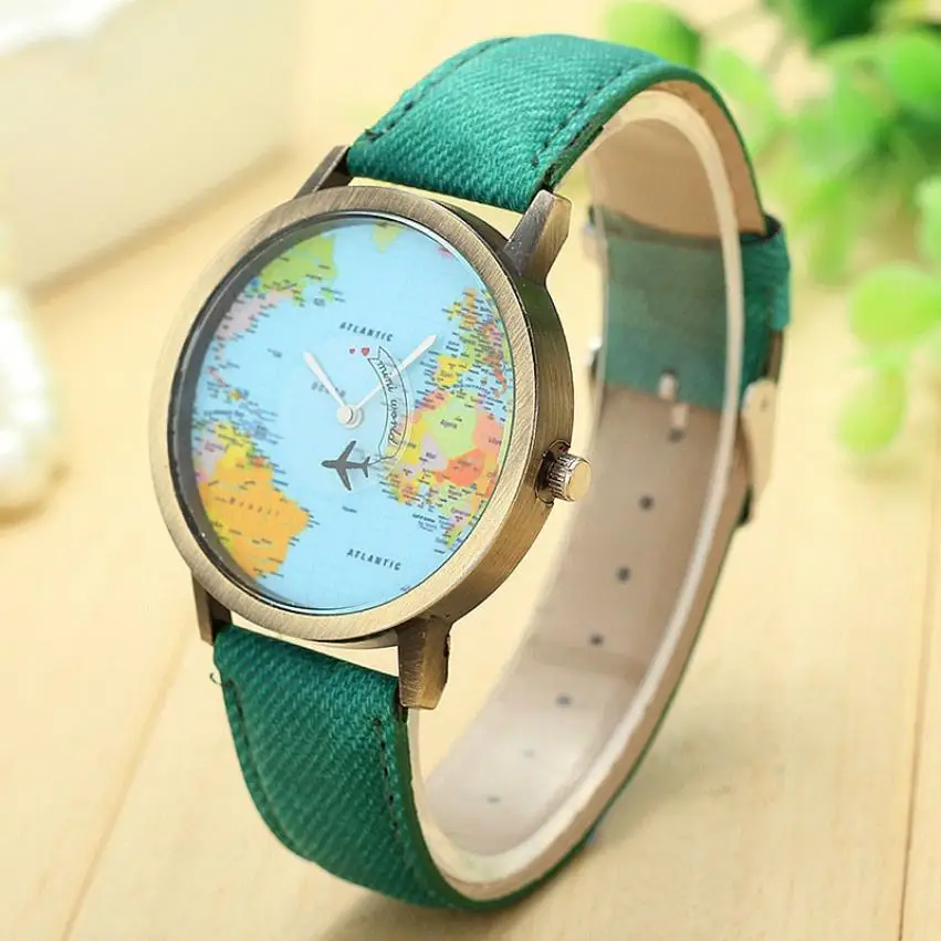 

Relogio Feminino Men Women's Watch Fashion Global Travel By Plane Map Women Dress Watch Denim Fabric Band New Gift Reloj Mujer |