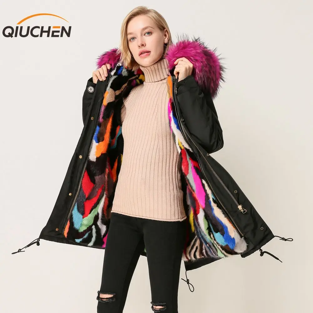 

QIUCHEN 2018 New arrival free shipping high quality mink fur lined waterproof jacket can remove parka length88cm