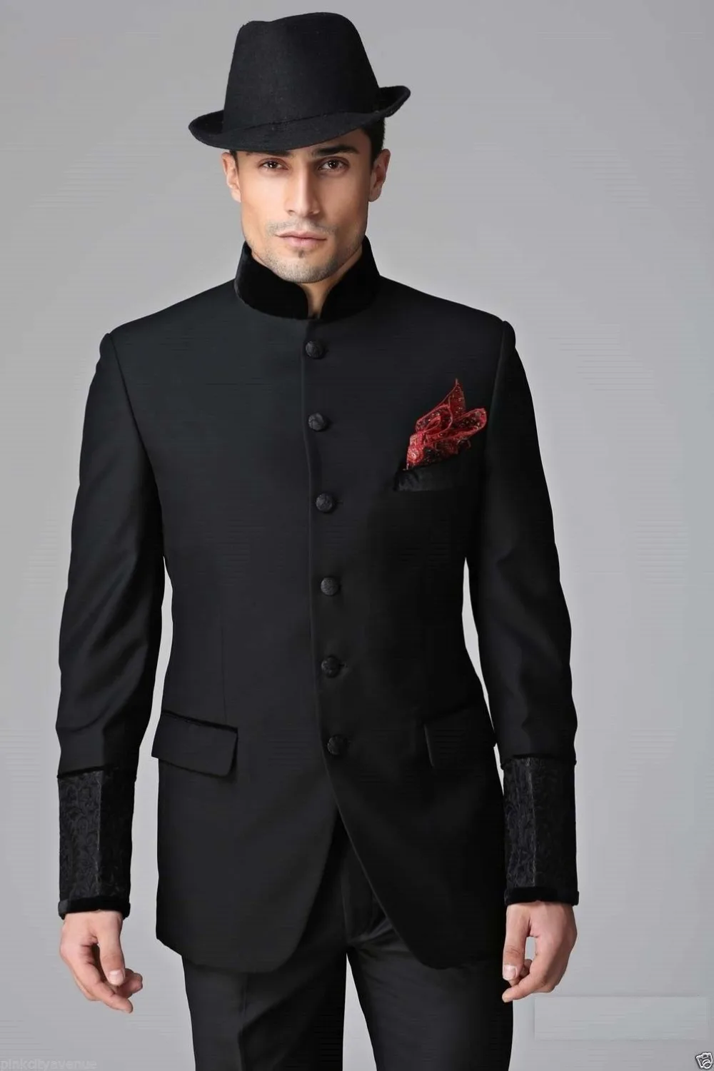 

Six Buttons Groomsmen Mandarin Lapel Groom Tuxedos Black Mens Suits Wedding Best Man (Jacket+Pants+Tie+Hankerchief) B700