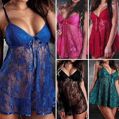 

Free shipping Sexy Lingerie Lace Babydoll Dress Women See Through Nightwear Sleepwear Underwear G-String Sheer Sleepwear