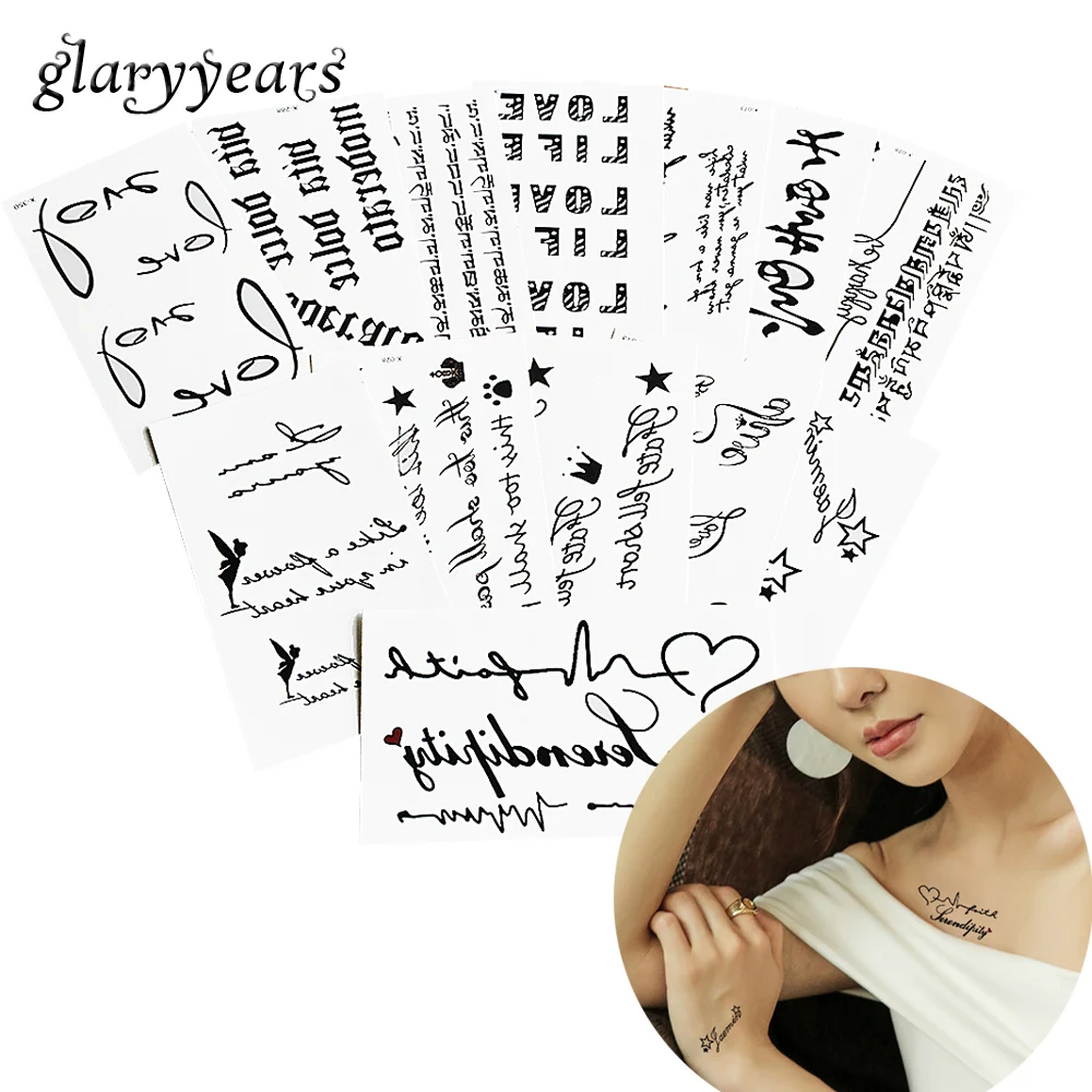 036 30 De Réduction1 Pièce Noir Corps Tatouage Faux Mots Anglais Amoureux Photo Temporaire étanche Tatouage Autocollant Pour Sexy Femmes Hommes
