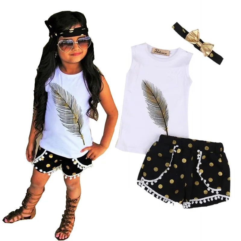 

Summer Little Girls Sets 3Pcs Feather Clothing Set Kids Girl Outfits Sleeveless Vest Tops+Tassels Shorts Bottom+Headband Clothes