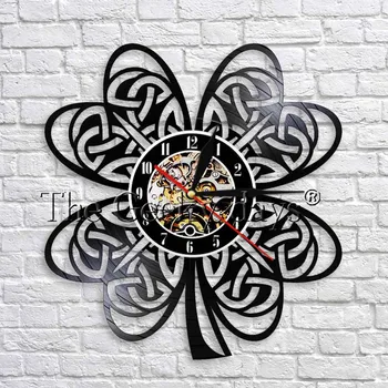 

Four-leaf clover lucky Nature Vinyl Record Wall Clock Vintage Black Art Wall Watch Home Decor Clock For Room