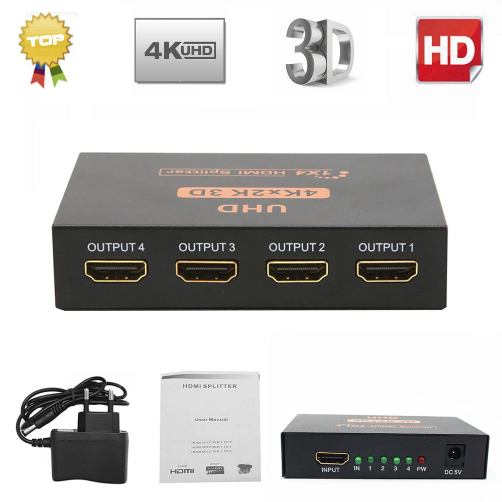 Ultra HD 4K HDMI Splitter 1X4 Port 3D UHD 1080p 4K*2K Video HDMI Switch Switcher HDMI 1 Input 4 Output HUB Repeater Amplifier