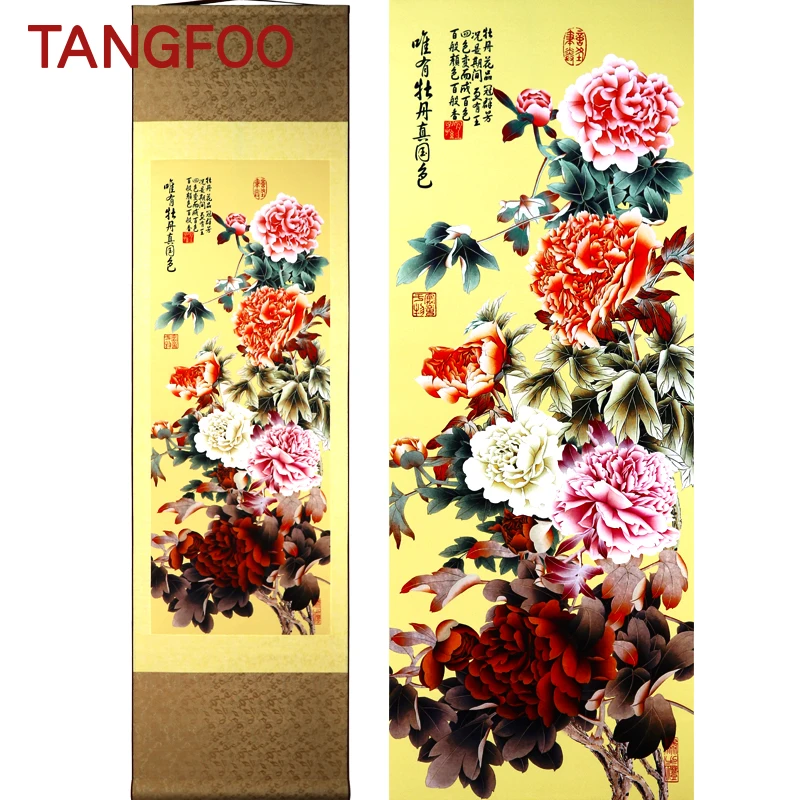 

Beautiful Silk Scroll Painting gorgeous Peony national Flower figure Chinese wind art and craft Vintage Wall Picture Home Decor