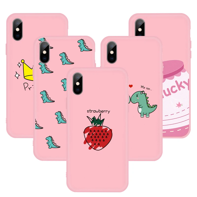 

For iPhone 6 6S Plus 5 5S SE 8 8Plus X 7 7Plus XS Max XR Cute Strawberry Princess Crown Dinosaur Pink Soft Silicone Case Cover