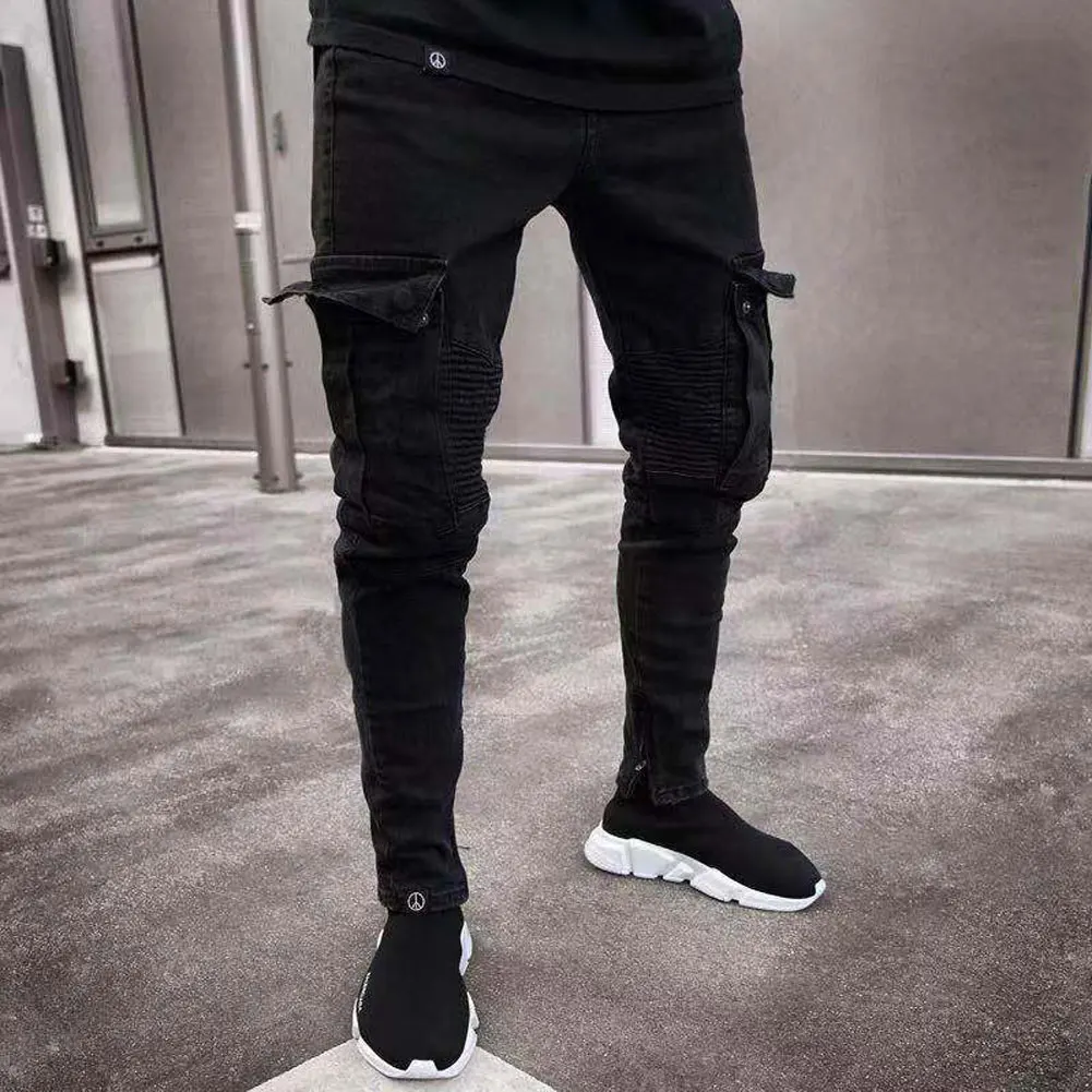 Модные черные джинсы, мужские джинсовые обтягивающие байкерские джинсы, потертые узкие брюки с карманами, узкие брюки-карго размера плюс S-3XL