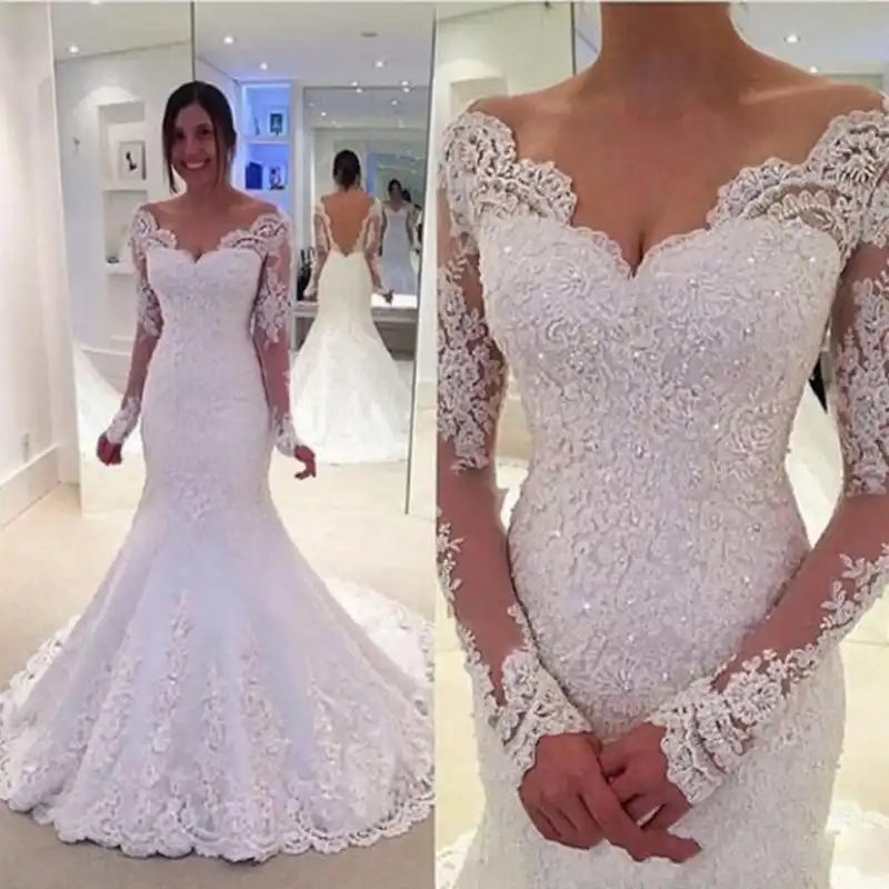 2019 Vestido De Novia Sirena Elegante Vestidos De Cuentas Para Bodas Manga Larga Applique V Cuello Vestidos De Novia Encaje Vestido De Novia 2019 Aliexpress