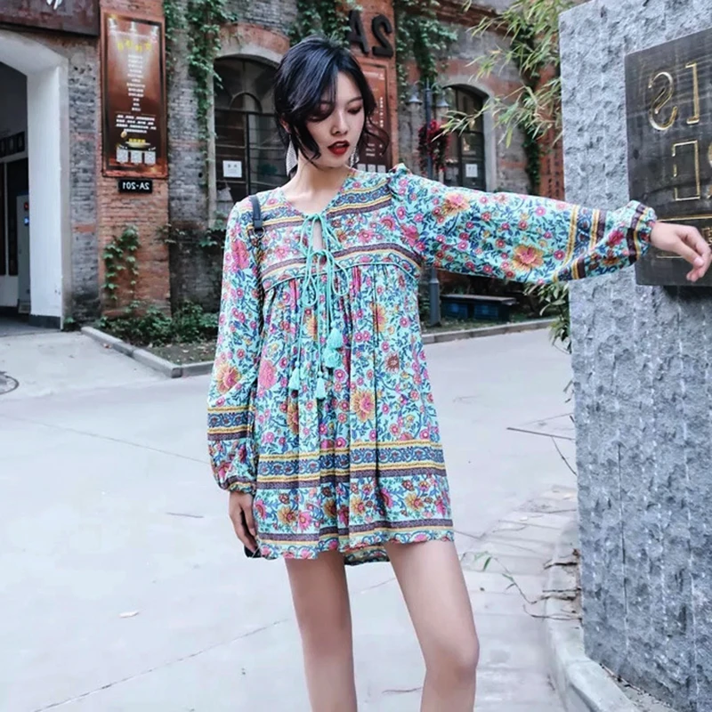

Khale Yose Summer Mini Dress Long Sleeve Floral Tassel Bohemian Women Dresses Flower Hippie Boho Chic Gypsy Beach Dress 2018