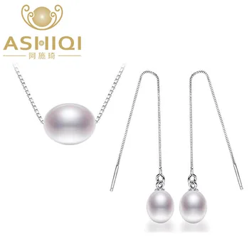 

ASHIQI 925 Sterling Silver Jewelry Set Freshwater Pearl Necklaces Earrings 7-8mm Rice Natural Freshwater Pearls for women