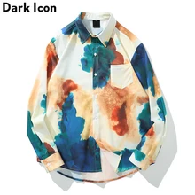 Темно-икона, передний карман, изогнутый подол, свободные рубашки для мужчин,, отложной воротник, с длинным рукавом, рубашки для мужчин, большие размеры, мужская рубашка