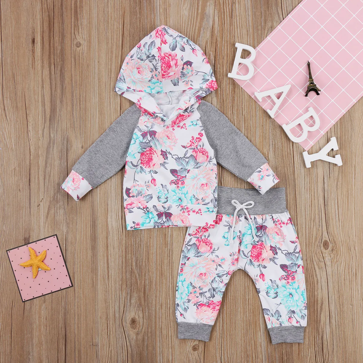Комплект из 2 предметов для новорожденных девочек, с цветочным принтом, с капюшоном и карманами, Теплые Топы с длинными рукавами и длинные