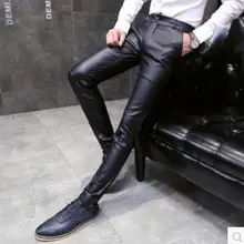 28-34 Горячая Новинка весна/осень мужские тонкие модные брюки из искусственной кожи повседневные мужские кожаные брюки стилист волос конические брюки бар Сценические костюмы