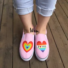 Вэнь оригинальной ручной росписью обувь дизайн Радуга Цвет сердце Pattern розовый поскользнуться на холст кроссовки Подарки для женщин девушки 