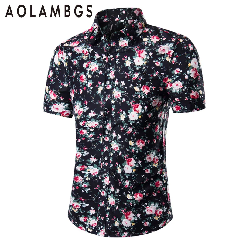 Мужская Повседневная рубашка с коротким рукавом и цветочным принтом Camisa Masculina, Модная приталенная рубашка с отложным воротником, рубашки больших размеров