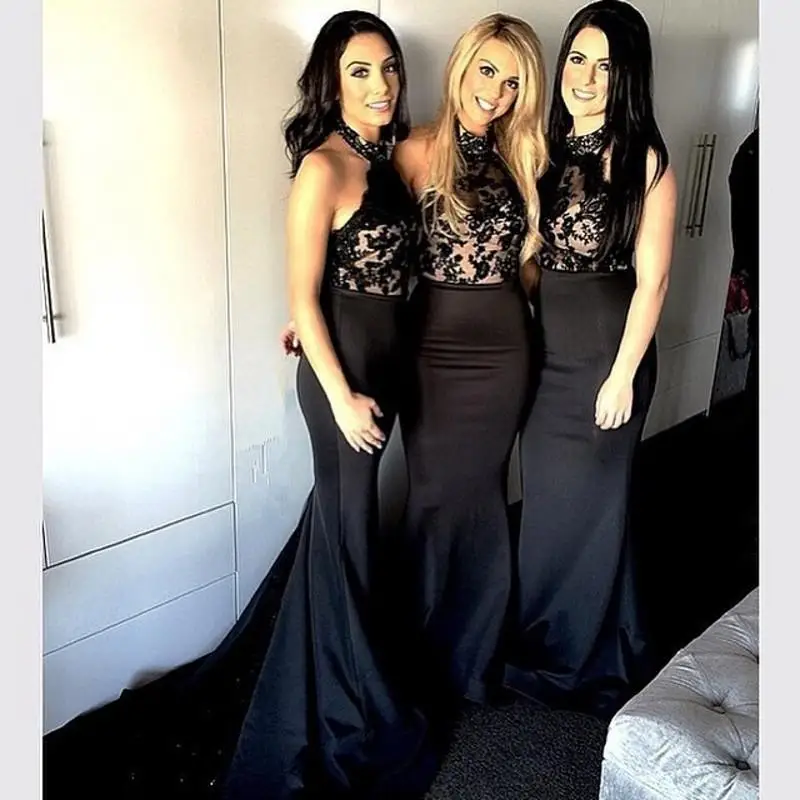 Black 2017 Mermaid Halter Floor Length Satin Appliques Lace Long font b Bridesmaid b font font