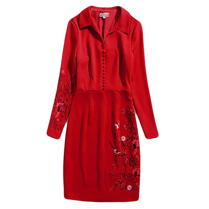Letizia, высокое качество, весна, новые женские модные вечерние винтажные элегантные шикарные красные платья с длинным рукавом и вышивкой - Цвет: Красный