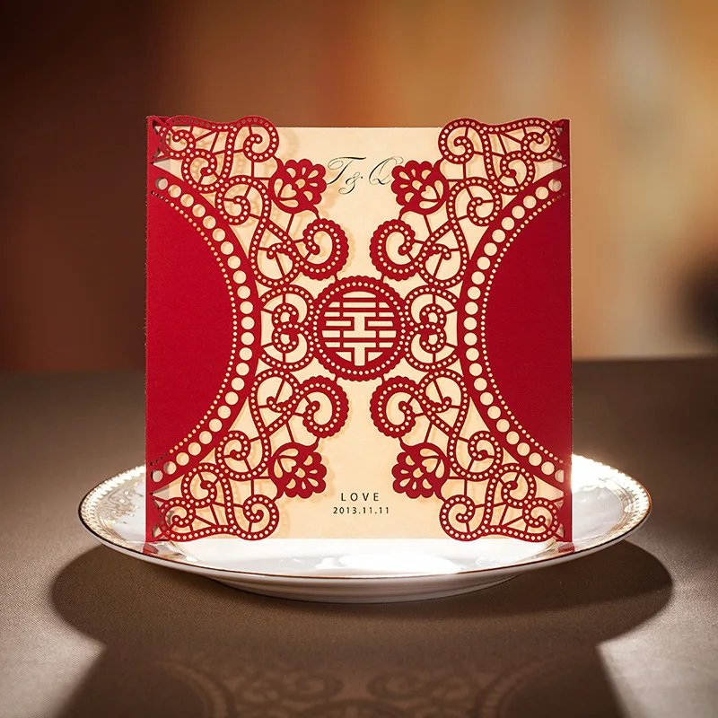 Chinese Traditional Red Hollowed Out Wedding Invitation Cards with XI