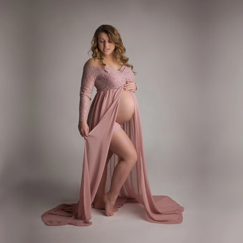Tanio Dusty różowy długi szyfonowy fotografia ciążowa sukienka