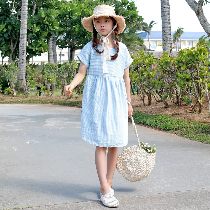 

2019 New Korean Style Girl Summer Dress Cotton O-neck Blue Stripe Princess Dress Casual Brief Fashion Big Girls Daily Dress