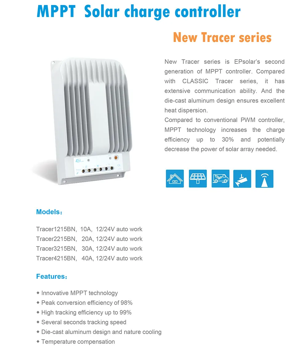Tracer4215BN EPSolar Max PV вход 150 в контроллер солнечного зарядного устройства 40A с MT50 м в белом цвете 12 В 24 в автоматический переключатель