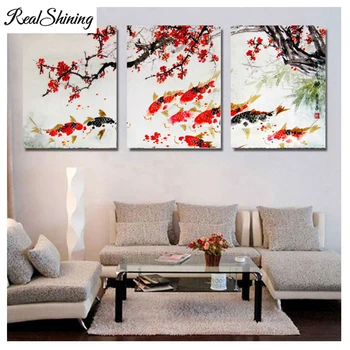 

Full Square 5D DIY Diamond embroidery Triptych Cherry Blossom Koi Fish Diamond Painting Cross Stitch Rhinestone Mosaic FS3361