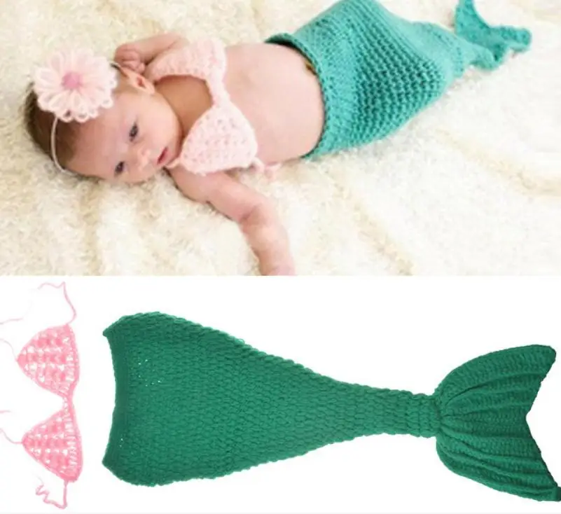 DIY Knitting wool yarn Blue Mermaid suit Blue Mermaid baby 100 day photo set baby photo Costume Set 816